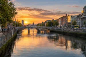 Dublin skyline and River Liffey at golden hour