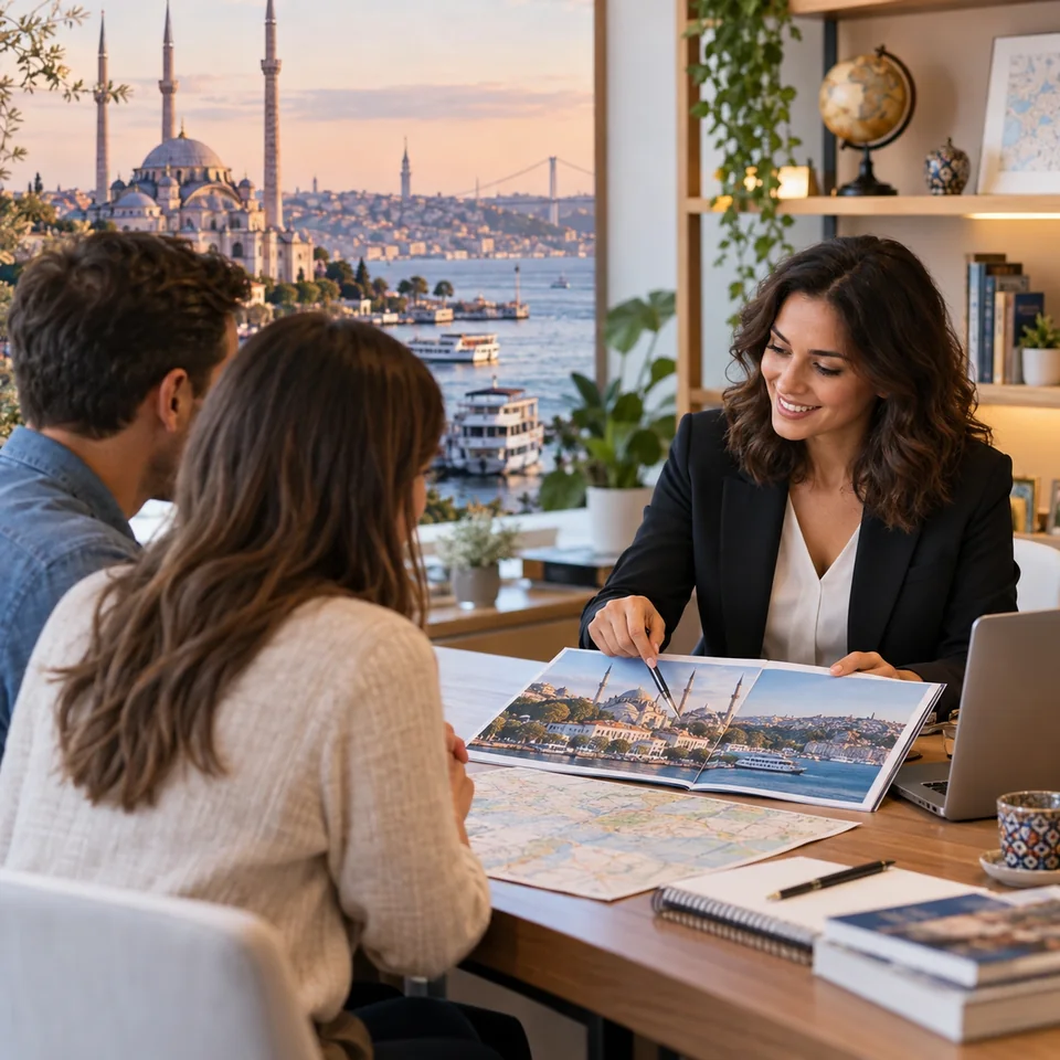 Travel advisor helping travelers plan flights and a trip to Istanbul