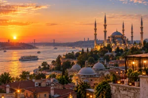 Istanbul waterfront panorama at golden hour with Bosphorus views