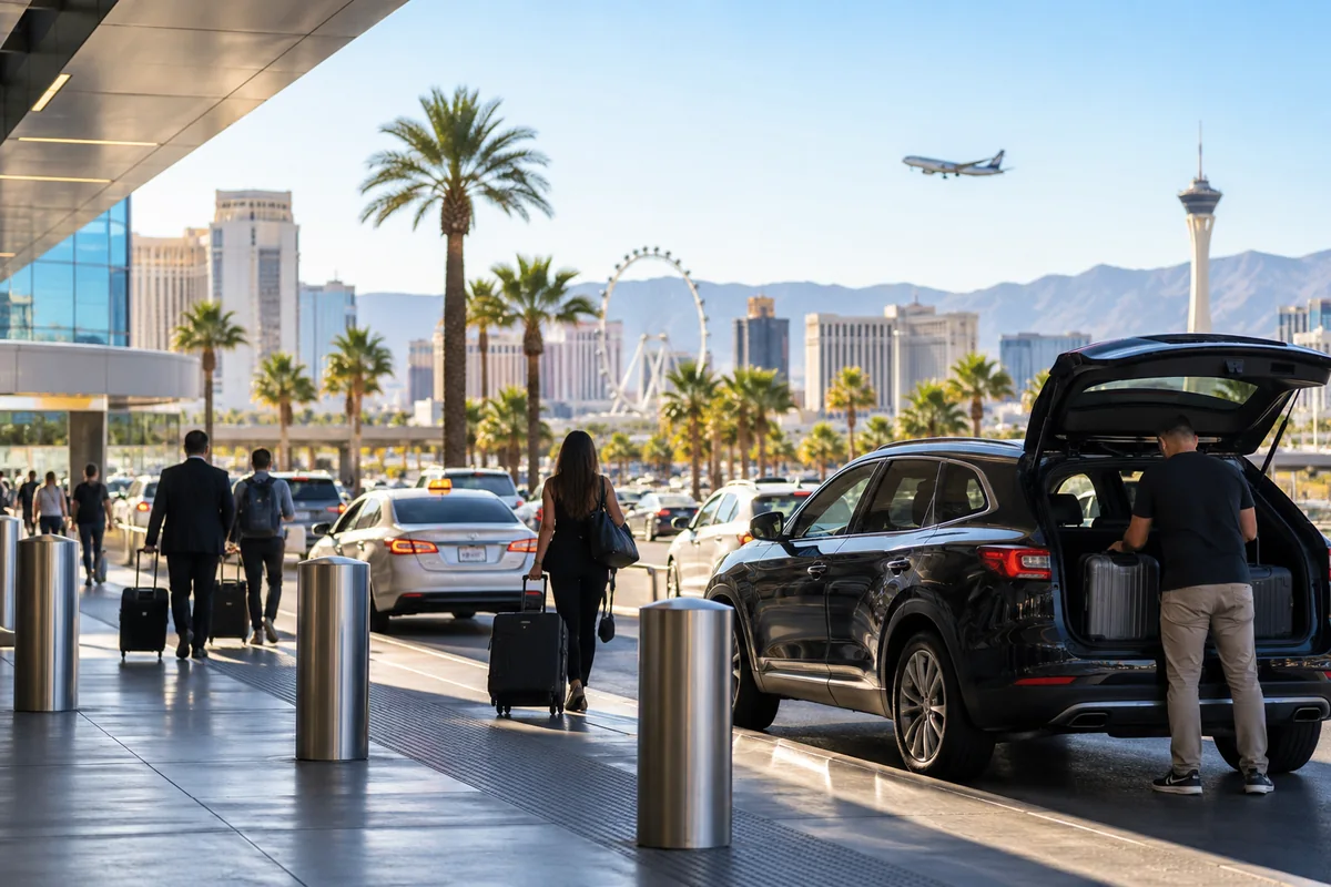 Traveler arrival scene in Las Vegas with airport transfer and city skyline context