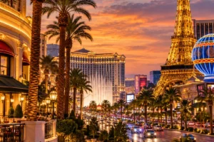 Las Vegas Strip skyline at sunset with iconic resort lights