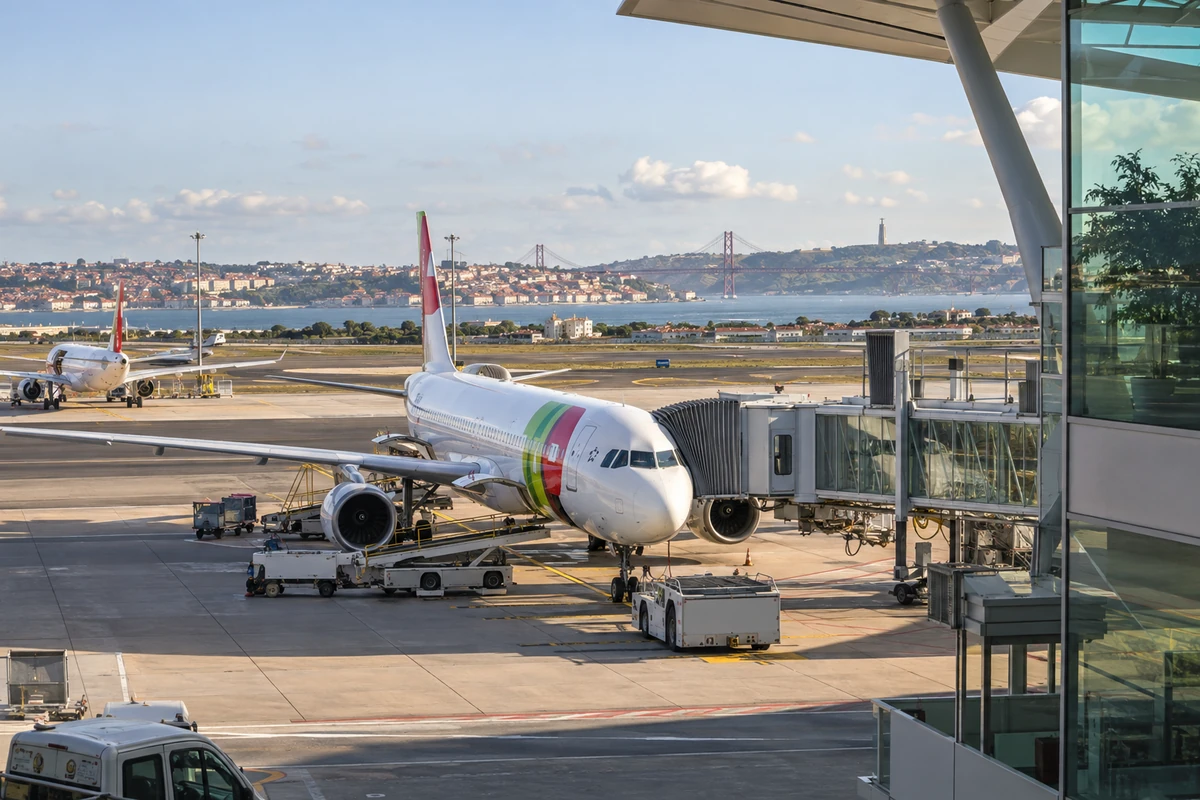 Airport apron view in Lisbon with aircraft and city backdrop