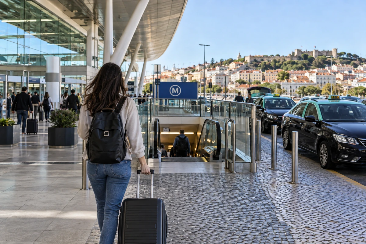 Traveler arriving in Lisbon with metro and taxi transfer context outside the airport