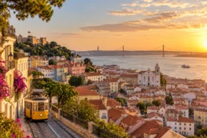 Lisbon skyline at golden hour with a yellow tram and river views