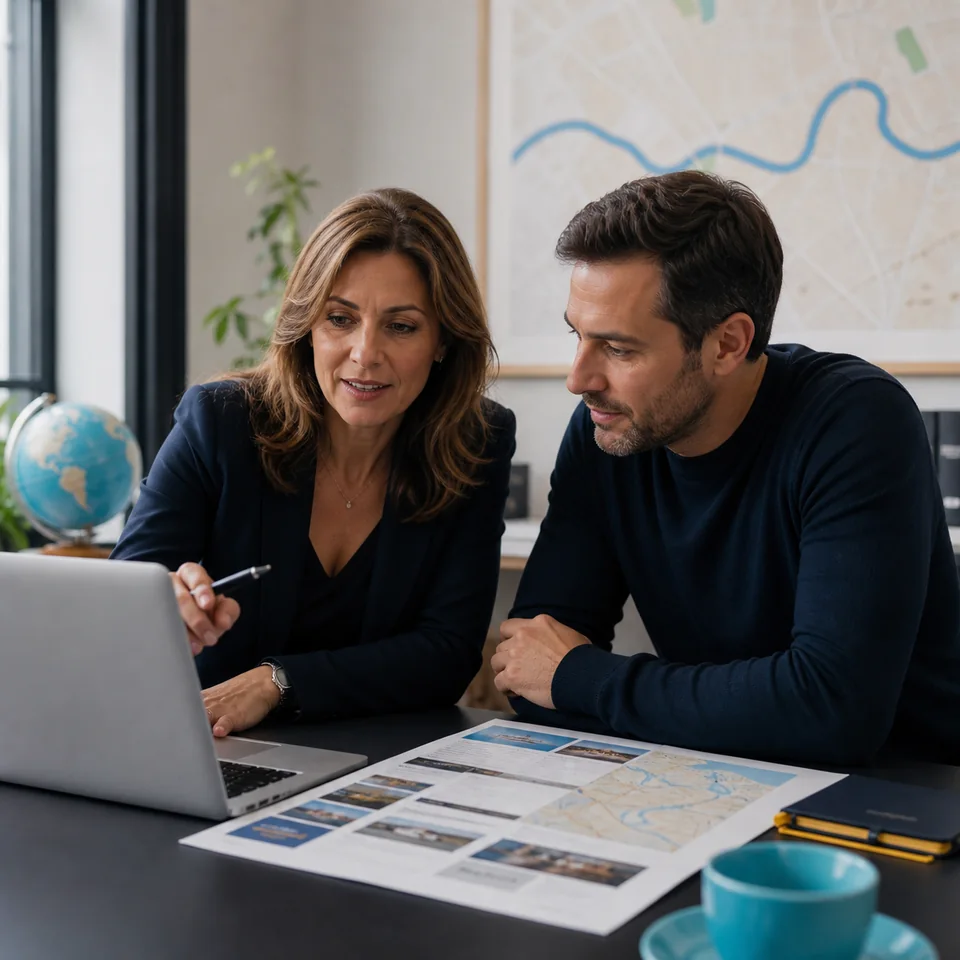 Travel advisor and client reviewing a London itinerary together on a laptop