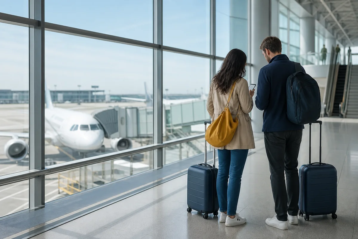 Two travellers with suitcases reviewing their onward route in a modern airport terminal