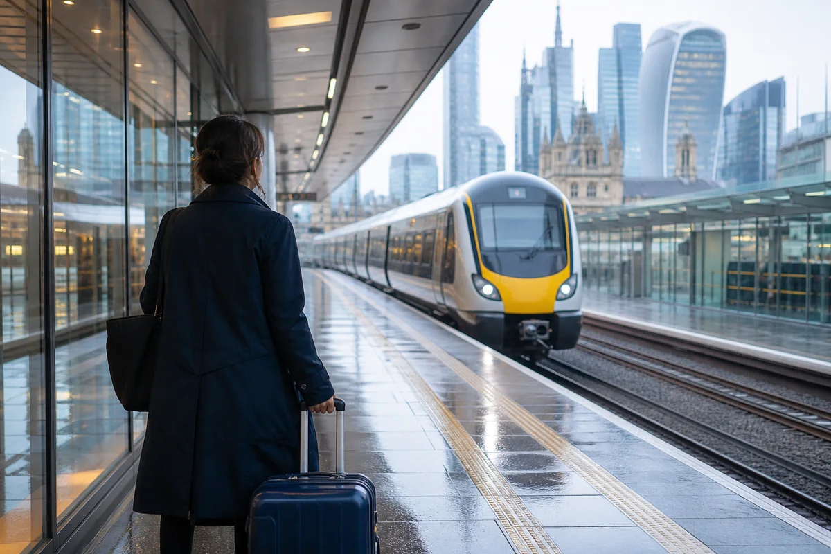 Traveller with a suitcase waiting safely on a London rail platform as a train approaches
