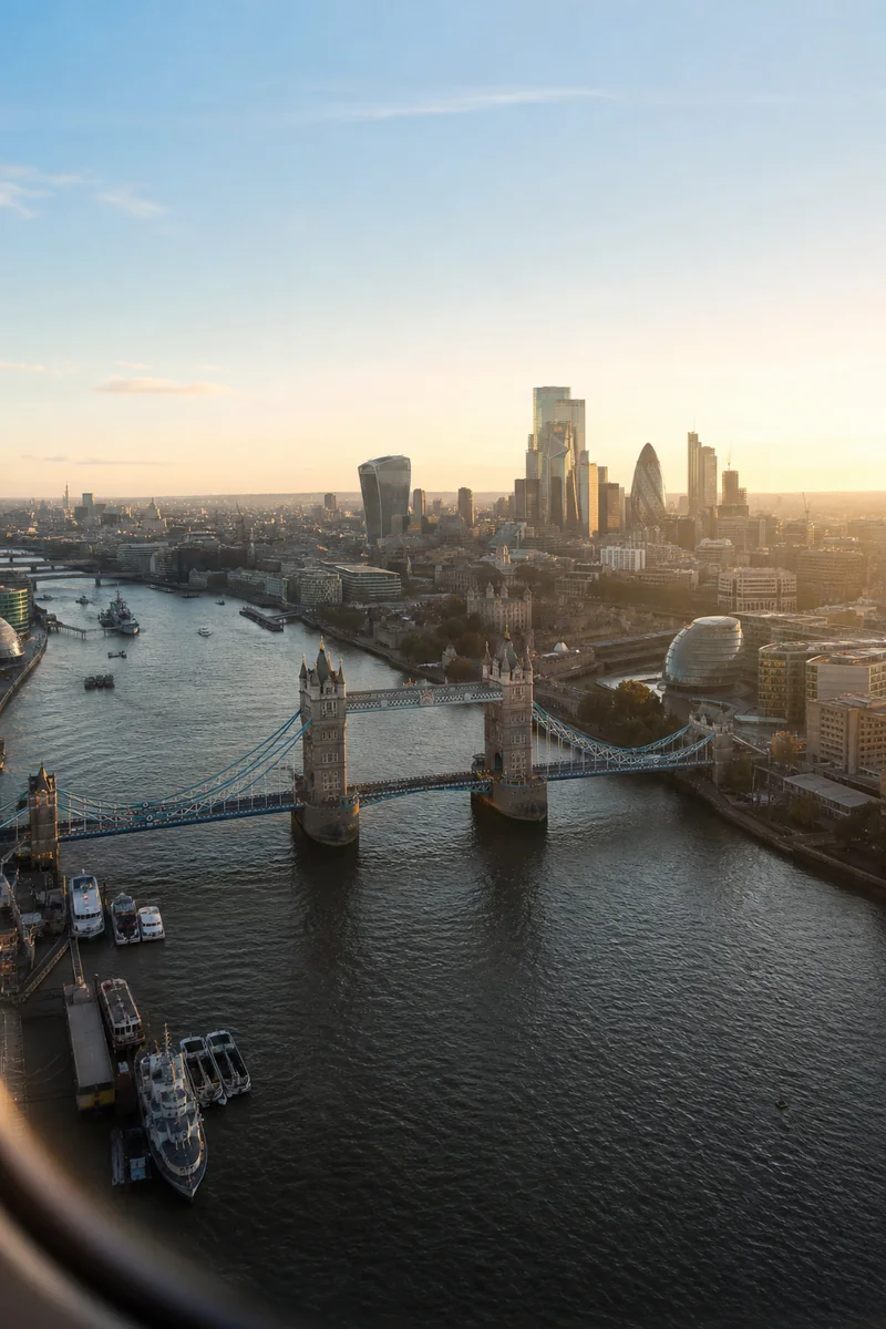 Vertical aerial view of Tower Bridge and the London skyline in warm morning light