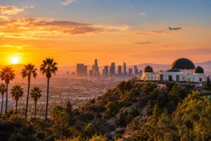 Los Angeles city view with Griffith Observatory at golden hour