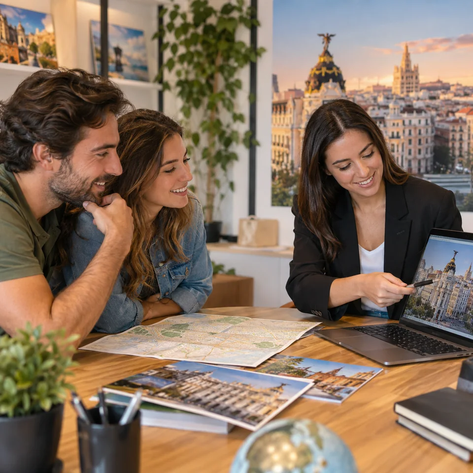 Travel advisor helping travelers plan flights and a Madrid city break