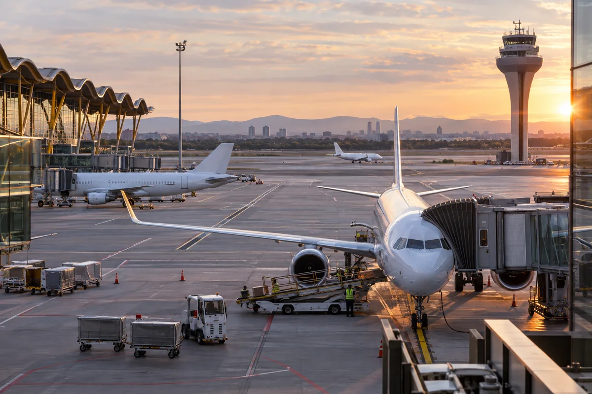 Airport apron scene representing flights arriving in Madrid