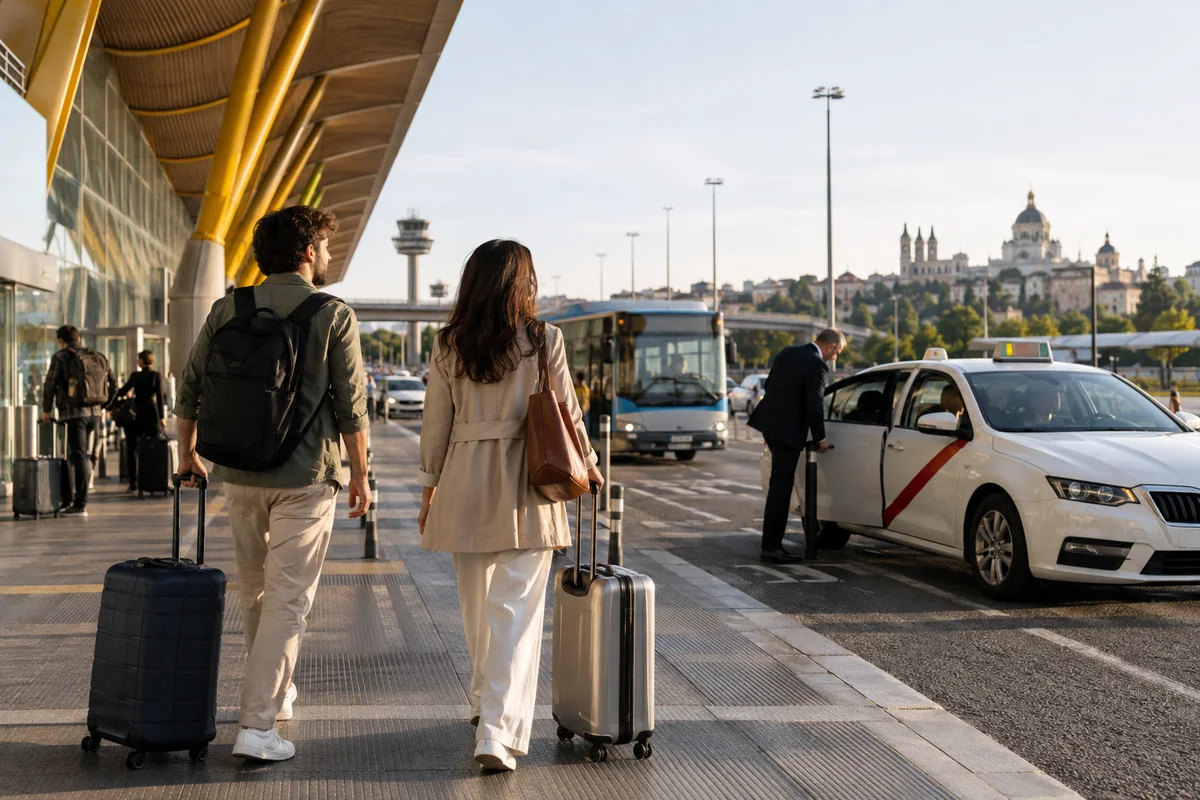 Traveler arrival scene in Madrid with airport curbside transfer context