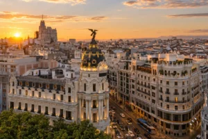 Madrid cityscape at golden hour with classic architecture