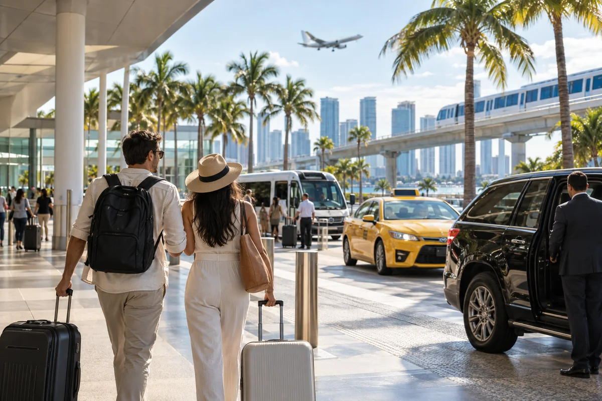 Traveler arrival scene in Miami with curbside transfer and coastal city context