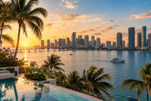Miami bay skyline at sunset with palm-lined waterfront views