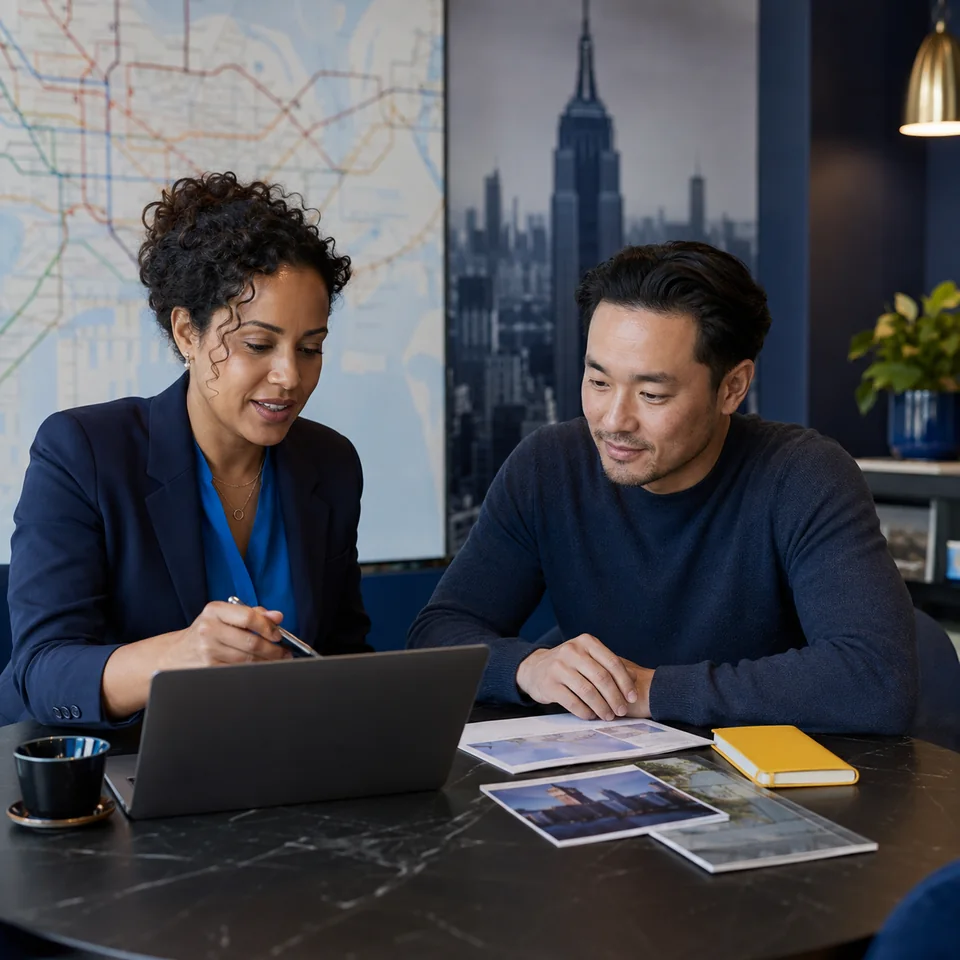 Travel advisor and client reviewing a New York flight itinerary together on a laptop