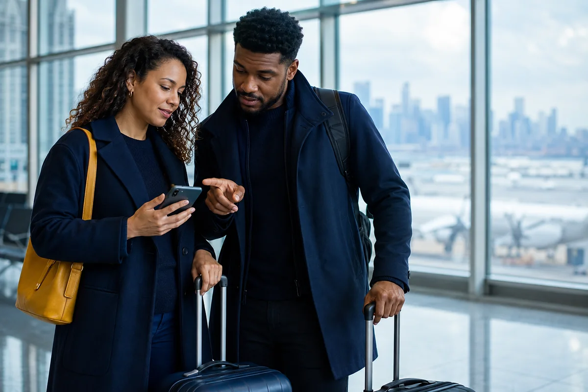 Travellers with luggage comparing onward routes inside a modern New York airport terminal