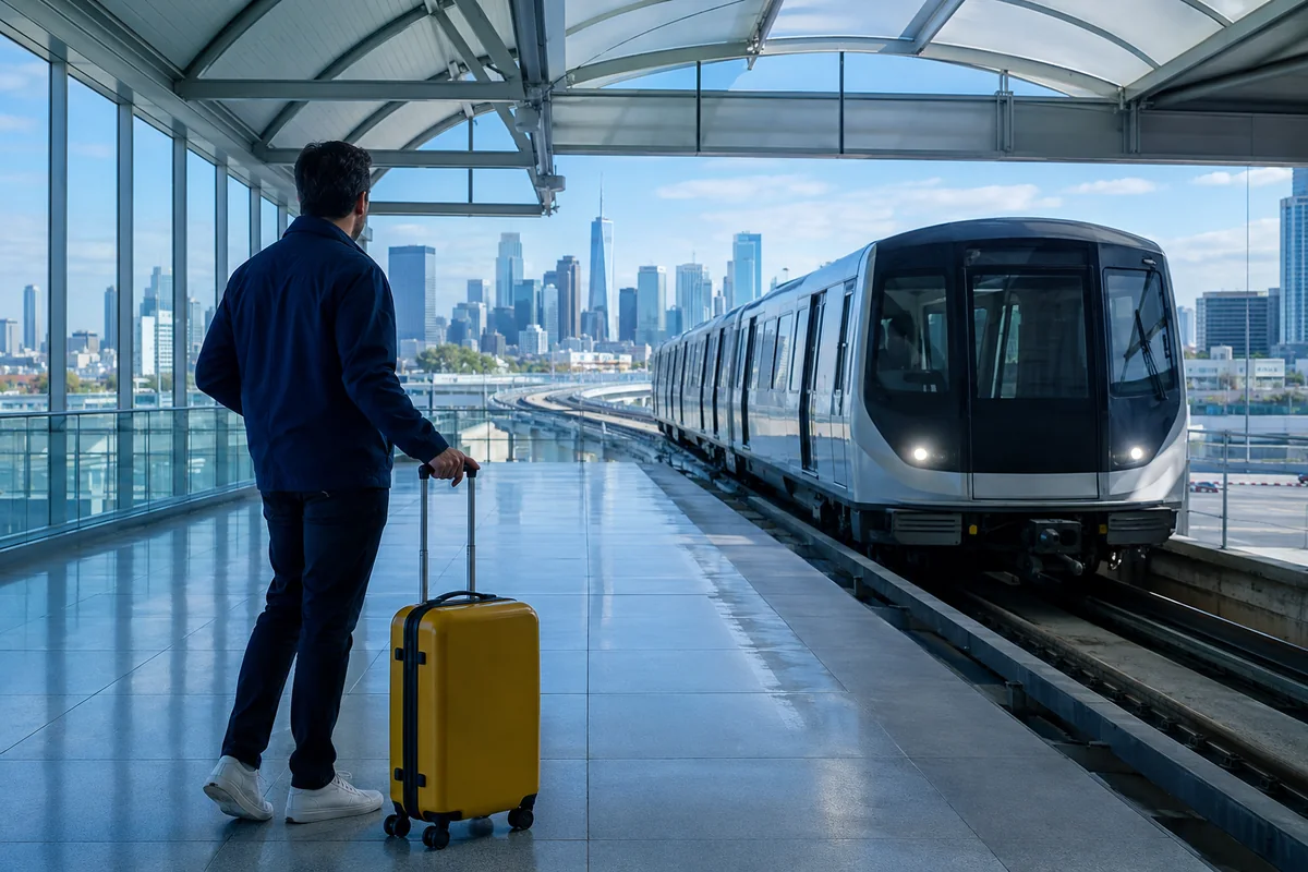 Traveller with a suitcase preparing for an airport rail connection in New York