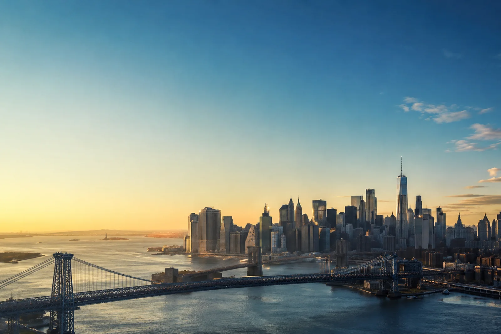 Aerial view of Manhattan, New York Harbor and the skyline in soft morning light