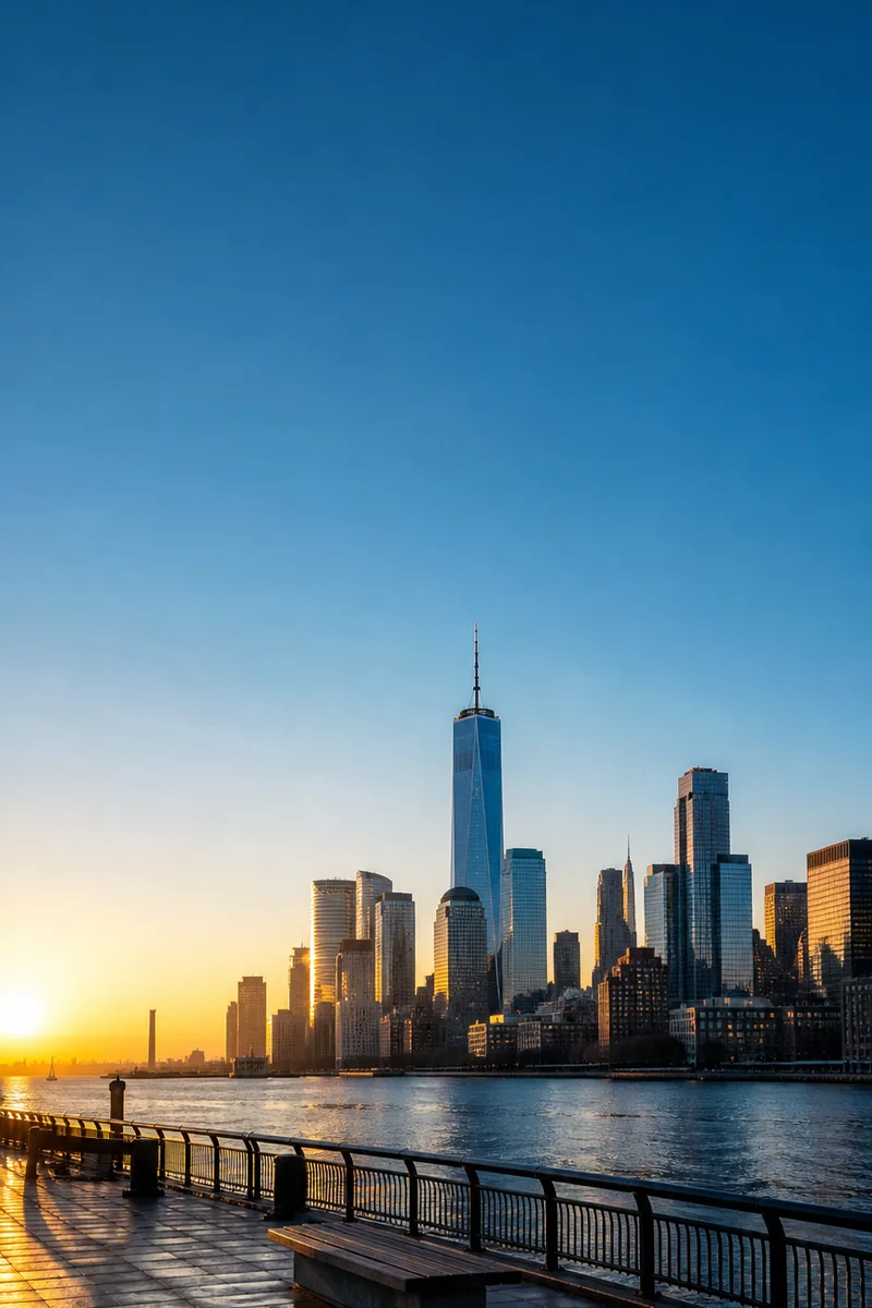 Vertical view of the Manhattan skyline and New York Harbor at sunrise