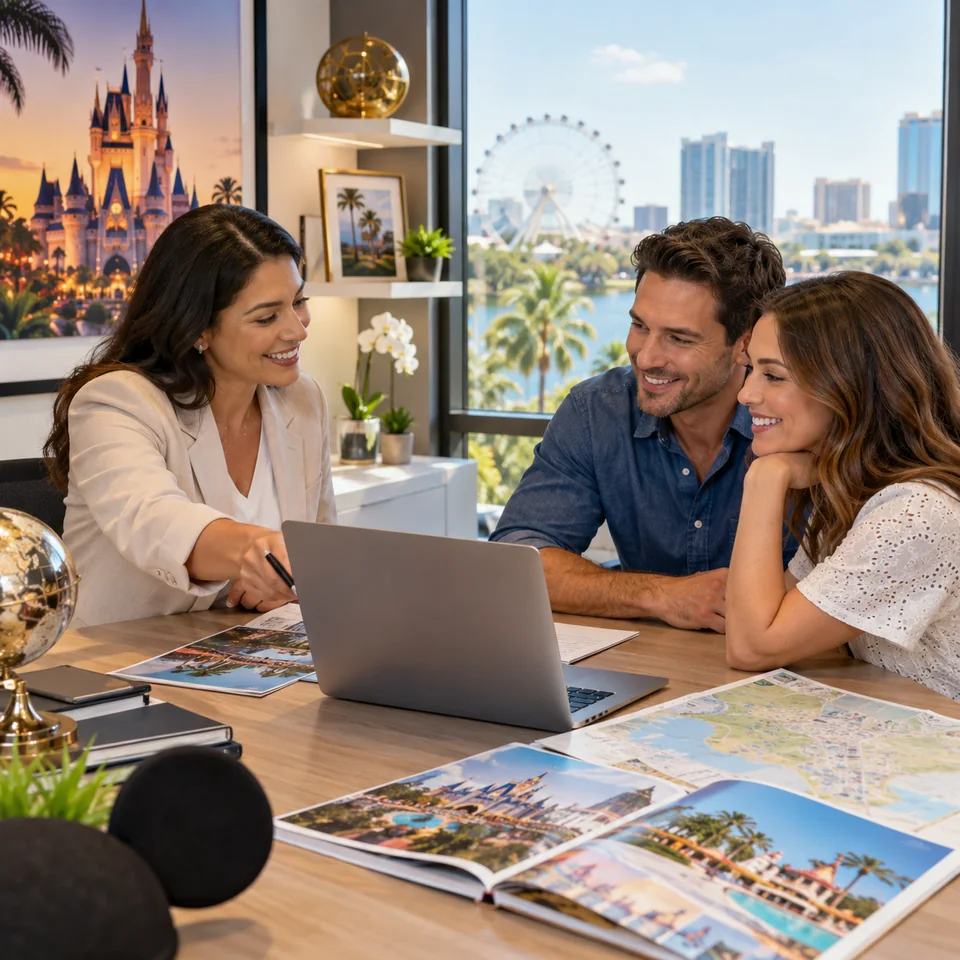 Travel advisor helping travelers plan flights and an Orlando vacation