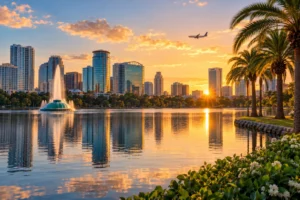 Orlando skyline and lakeside city views at golden hour