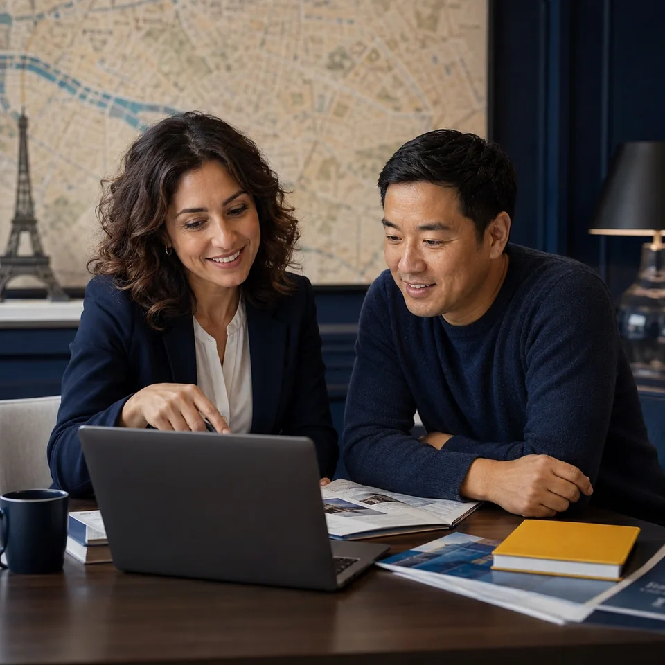 Travel advisor and client reviewing a Paris flight itinerary together on a laptop