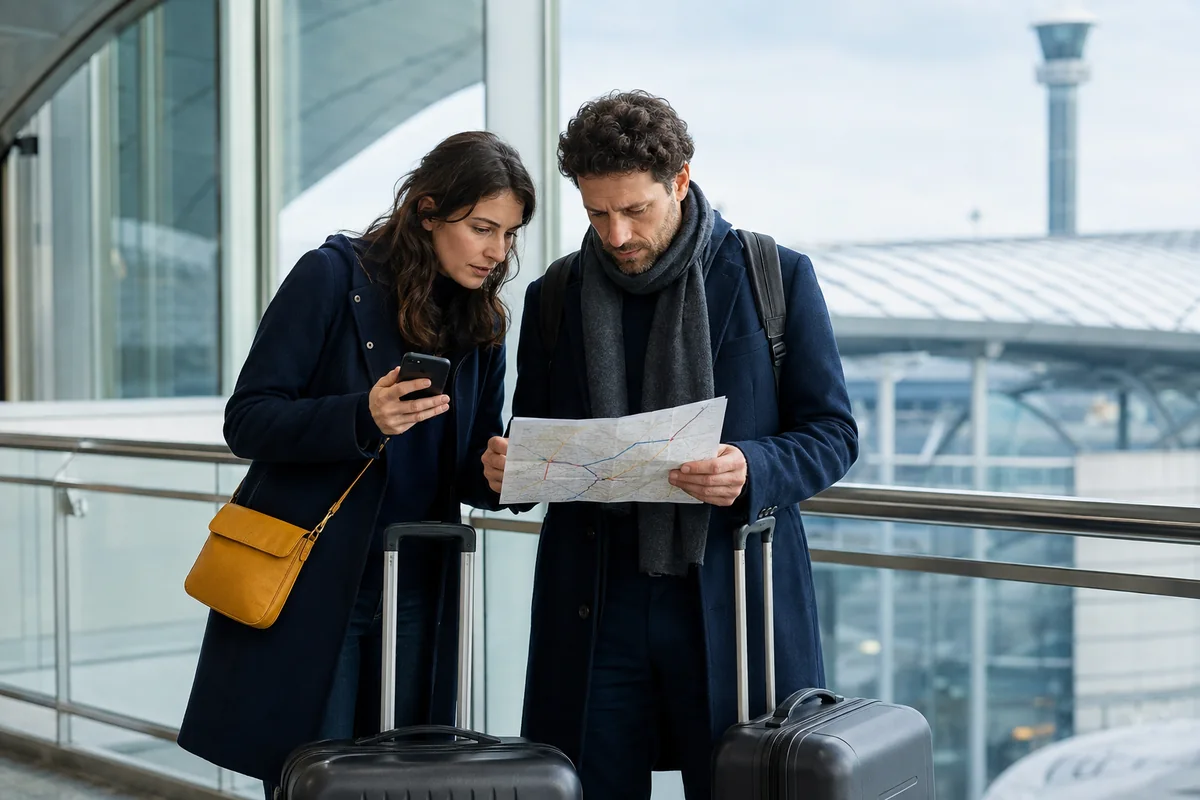 Travellers with luggage comparing onward routes inside a modern Paris airport terminal