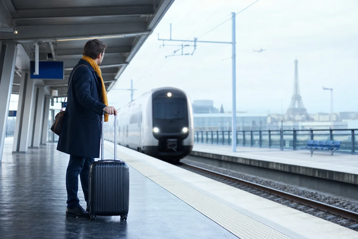Traveller with a suitcase preparing for an onward rail journey from a Paris airport