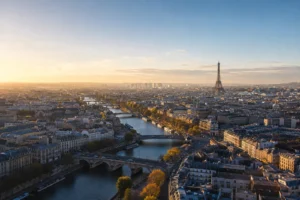Aerial view of the Seine, Eiffel Tower and Paris skyline in soft morning light