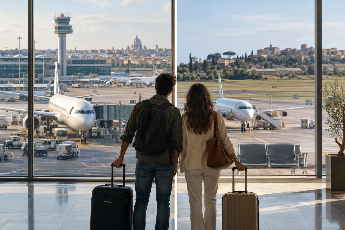 Travelers with luggage inside a Rome airport terminal with aircraft outside