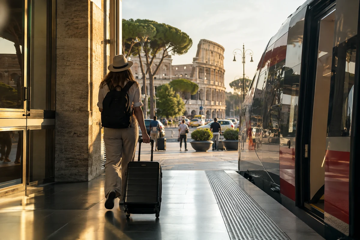 Traveler with suitcase connecting from a Rome transport hub toward the city
