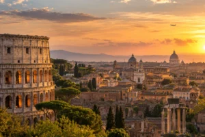 Rome skyline at golden hour with the Colosseum, historic domes and a distant aircraft