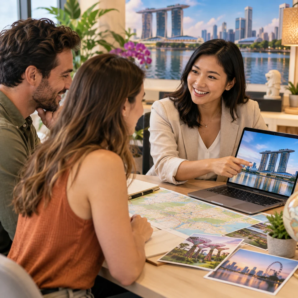 Travel advisor helping a couple plan flights and a trip to Singapore