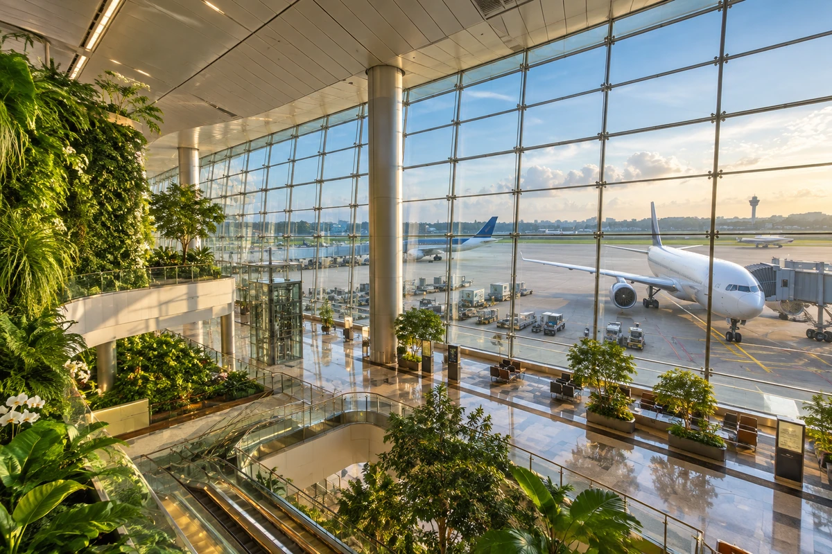 Modern airport terminal scene illustrating arrivals at Singapore Changi Airport