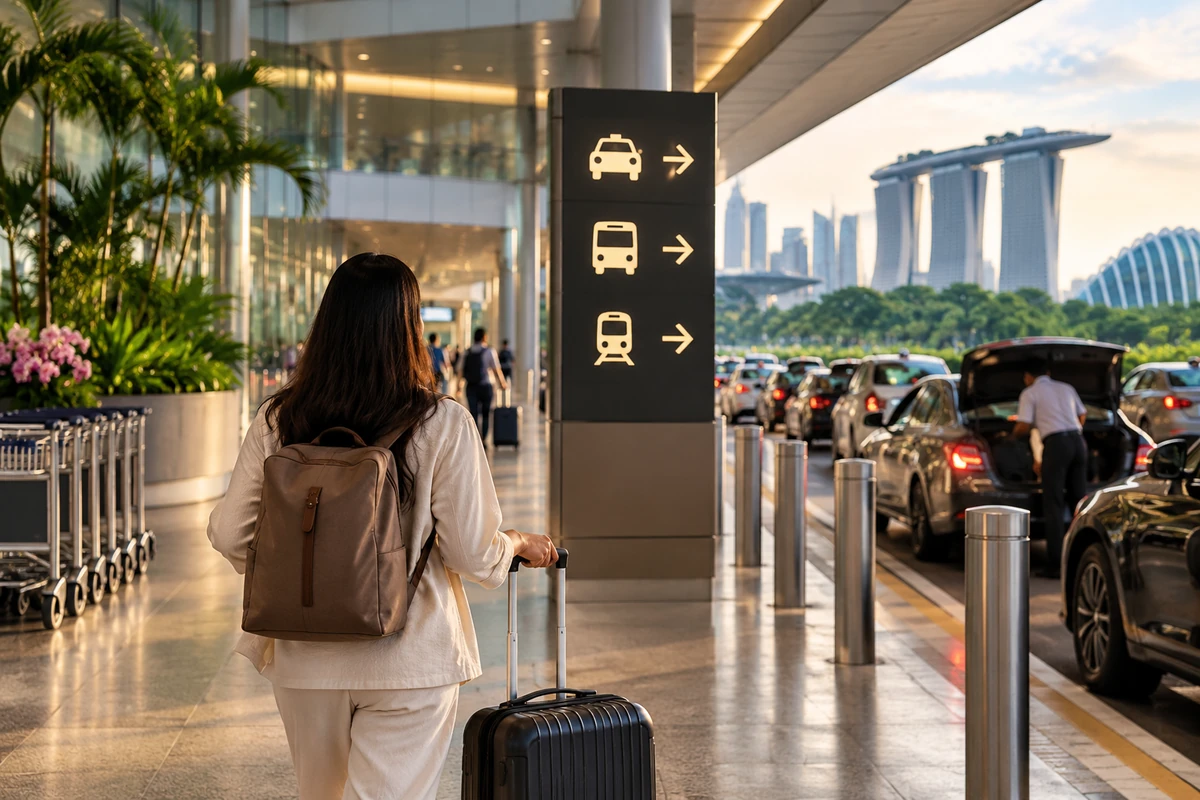 Traveler walking through an airport arrival area in Singapore with onward transfer context