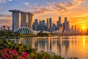 Singapore skyline and Marina Bay at sunset with modern architecture and waterfront views