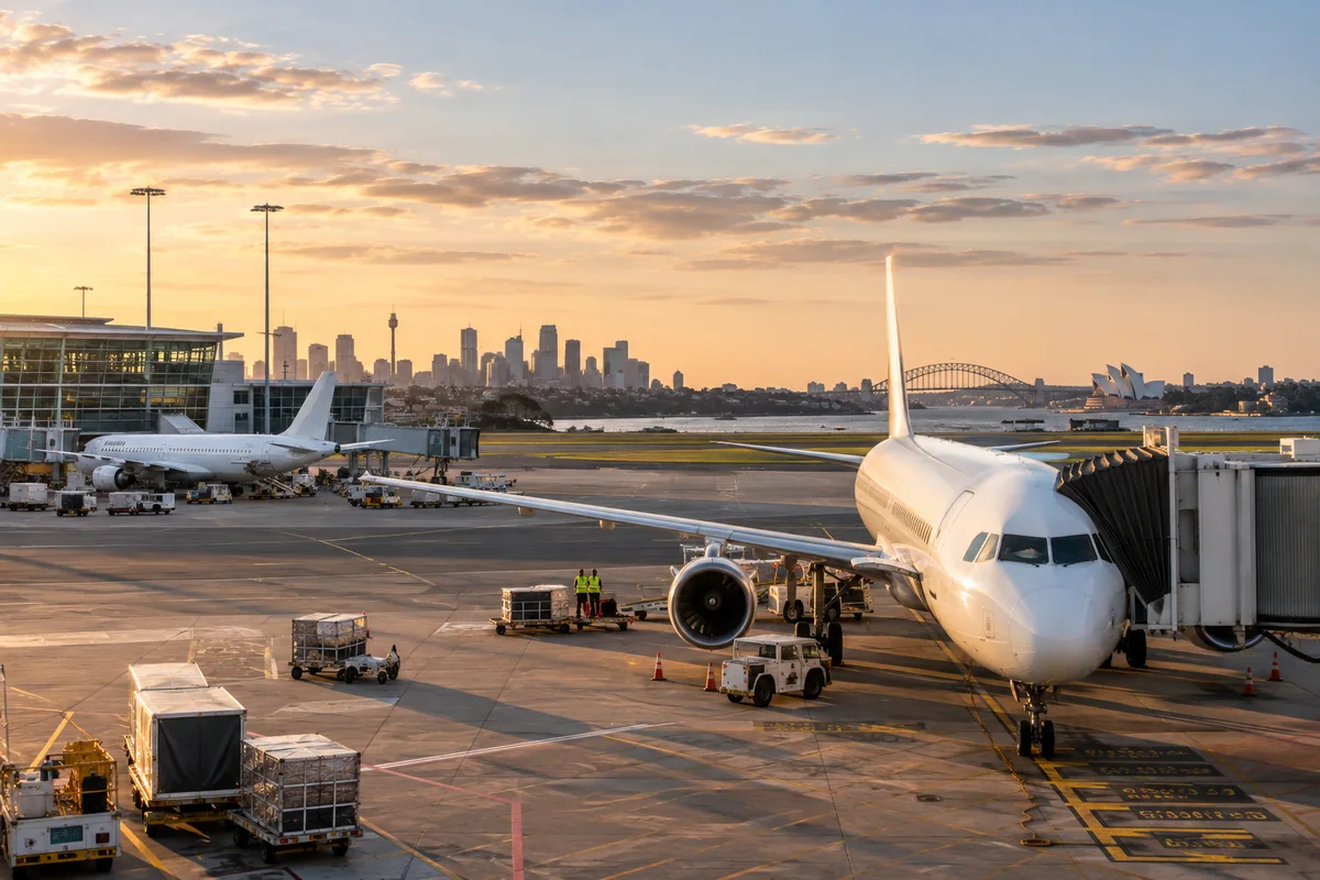 Sydney airport apron scene with harbour skyline views