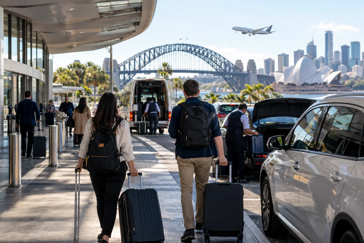 Travelers arriving in Sydney with airport transfer and harbour landmark views