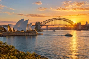 Sydney Harbour at golden hour with the Opera House and Harbour Bridge