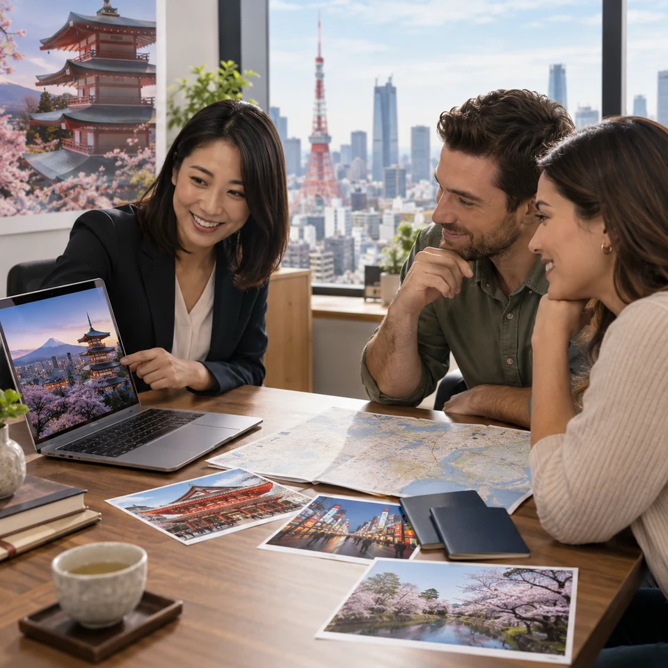 Travel advisor helping a couple plan flights and a trip to Tokyo