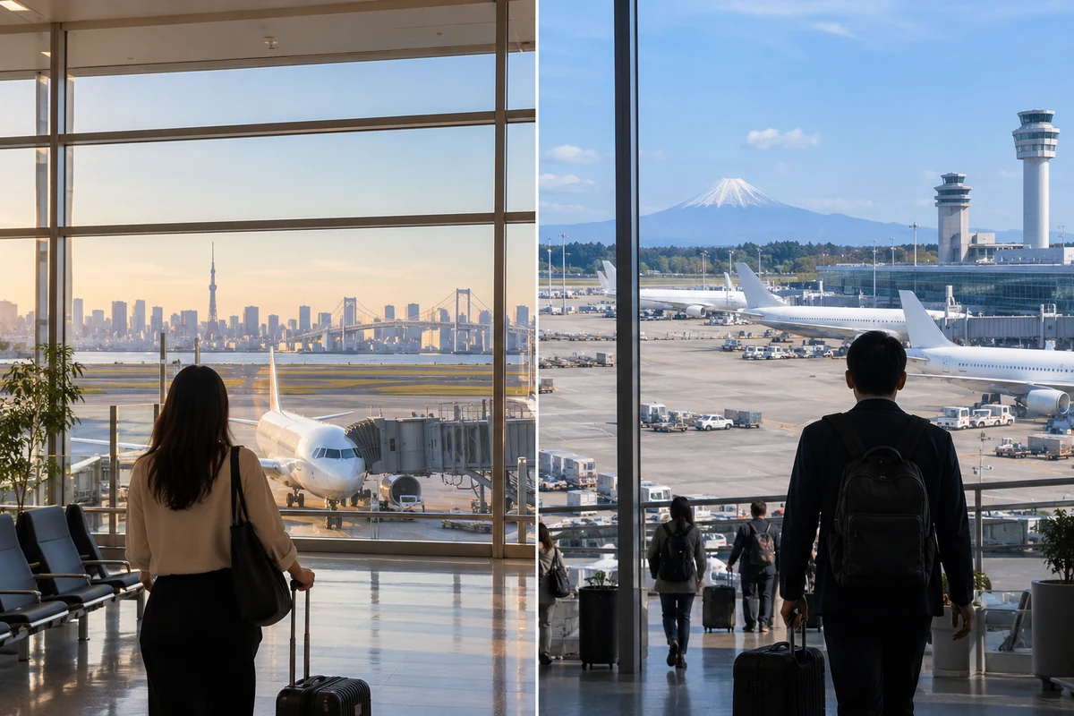 Travelers comparing Tokyo airport experiences with aircraft, skyline and Mount Fuji views