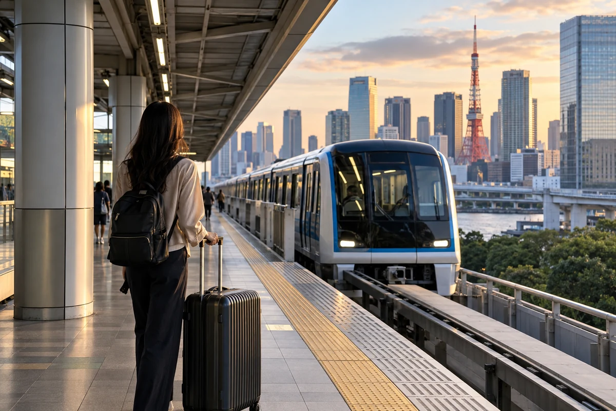 Traveler with luggage on a Tokyo rail platform with the city skyline in the background