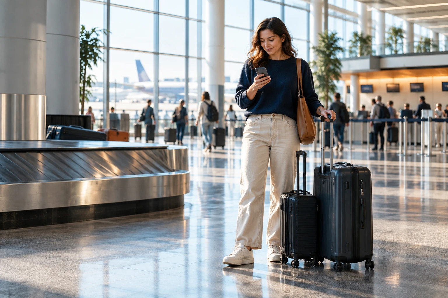 Traveller checking a phone with luggage near an airport baggage reclaim exit.