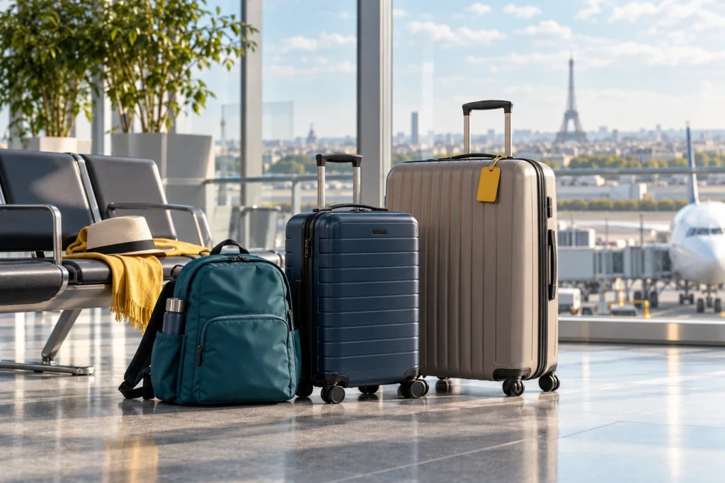 Personal item, cabin suitcase and checked suitcase in an airport terminal; illustrative luggage scene.