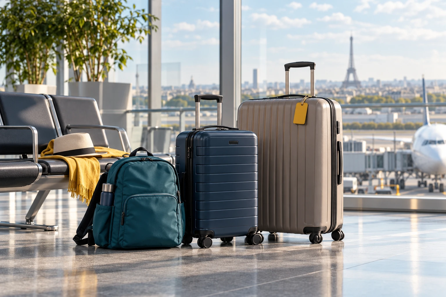 Personal item, cabin suitcase and checked suitcase in an airport terminal; illustrative luggage scene.