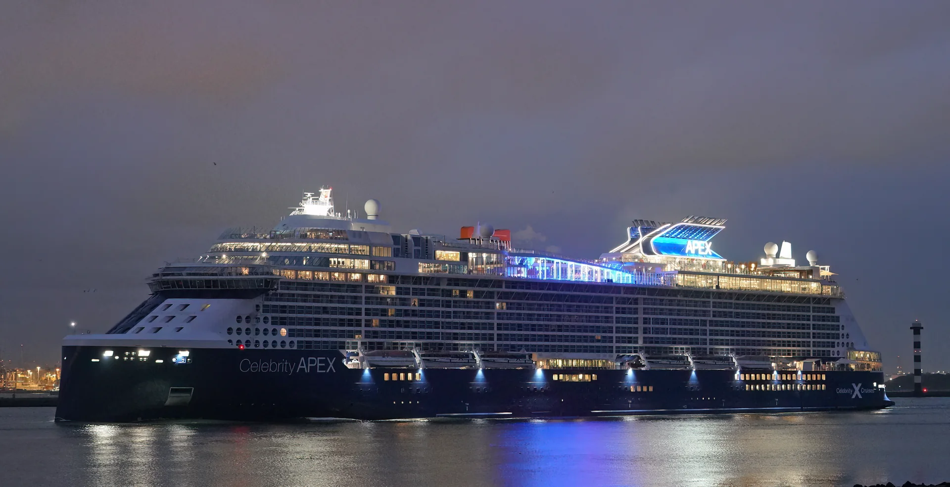 Celebrity Apex illuminated at night