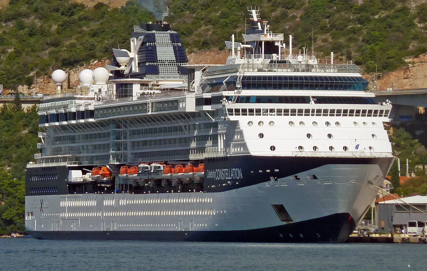 Celebrity Constellation with its blue hull docked in Dubrovnik