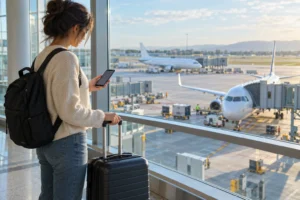 Traveler checking an itinerary beside a suitcase with two unbranded aircraft outside the terminal.