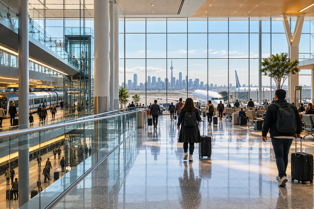 Illustrative airport terminal scene for comparing flights to Toronto